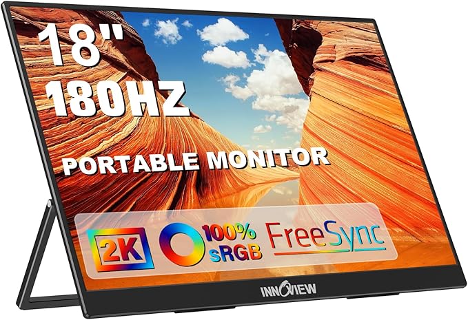 InnoView 2K 180HZ Portable Monitor, 18" OD Gameplus 2560x1600 QHD 100% sRGB Portable Gaming Monitor with Kickstand HDR FreeSync Travel Monitors for Game Console, PS5, Switch, PC, Phone