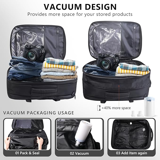 Vacuum Backpack Travel,60L Exapandable Air Compression System,Water Resistant & TSA Anti Theft,Strong Sealing,Available for boarding, Ideal for Travel/Laptop, Black(Vacuum Pump Included)