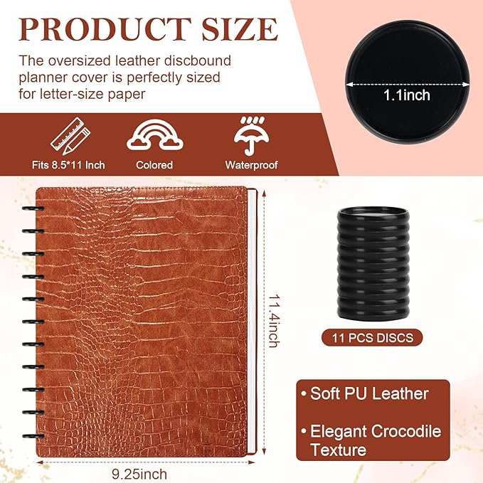 Pu Leather 8.5x11 In Discbound Notebook Cover And Disc Set Discbound Planner Cover With 11 Pcs Expansion Discs Disc Bound Notebook Accessories Letter Size For Office(Brown;No Inner Paper)