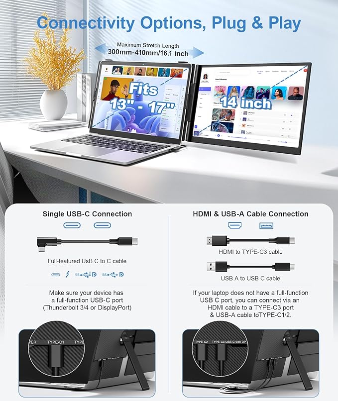 Laptop Screen Extender, Ultra-Thin 14" FHD 1080P Portable Monitor for Laptop, 1.3lbs Lightweight Dual Monitor Extender Plug & Play for 13"-17" Laptops, Compatible with Wins/Mac/Android/Chrome