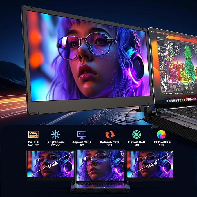 Laptop Screen Extender F3, Triple Portable Monitor 14-inch 360 Degrees Rotation with Stand, IPS FHD 1080P Workstation for Windows/Mac/Linux/Chrome Compatible with Notebook/Mini PC