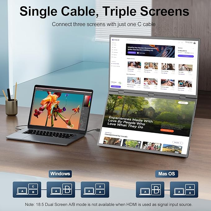 Dual Portable Monitor, 18.5" 1080P FHD IPS Folding Stacked Triple Laptop Screen Extender, USB-C Plug & Play Travel Extended Computer Display for Laptop PC Windows Mac w/Stand & VESA Mountable