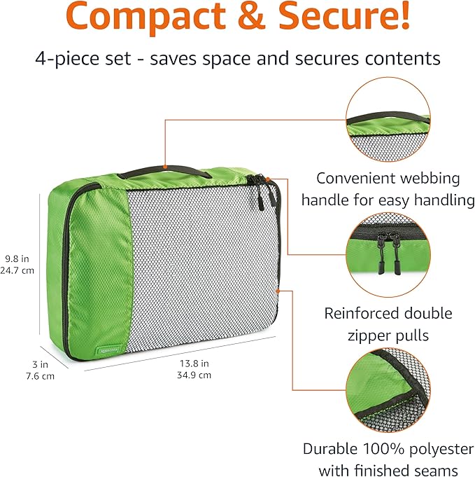 Amazon Essentials 4-Piece Packing Cubes Travel Accessories Set, Luggage Organizer with Double Zipper, Mesh Top, 100% Polyester, Medium, Green (Previously Amazon Basics)