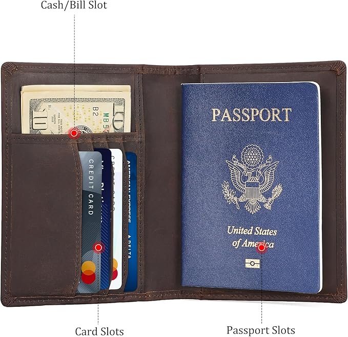 Polare Slim RFID Blocking Leather Passport Holder Travel Bifold Wallet For Men (Dark Brown with AirTag Slot-B)
