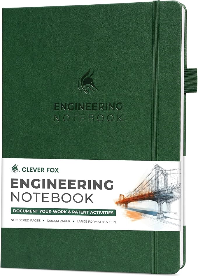 Clever Fox Engineering Notebook – Hardcover Grid Notebook with Numbered Pages, Table of Contents – Patent, Lab & Invention Journal for Engineers & STEM (Dark Green)
