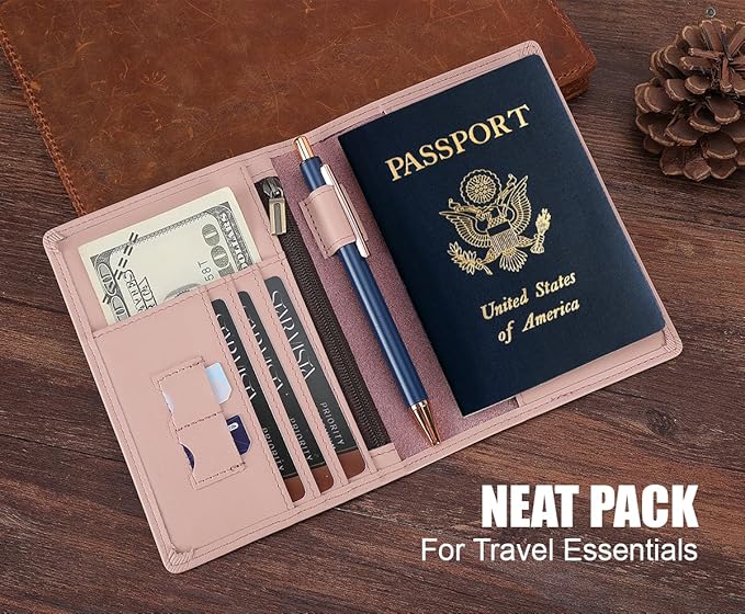 STAR VISTA Phoenix Leather Passport Holder, Calfskin Travel Wallet - RFID Blocking, ID Window, Zipper Pocket, Pen & Notebook Included, Pale Pink