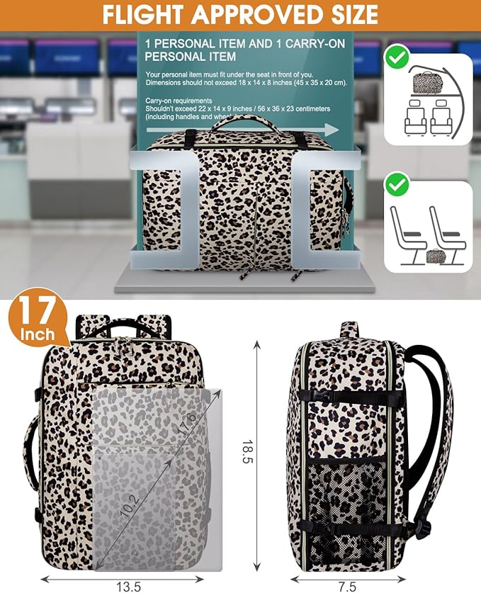 Capolo Travel Backpack for Women Men Waterproof Laptop Backpack Airlines Approved Carry On Backpack Bag Computer Bookbag for Business, Work, Traveling Fits 17 Inch Laptop(Leopard)