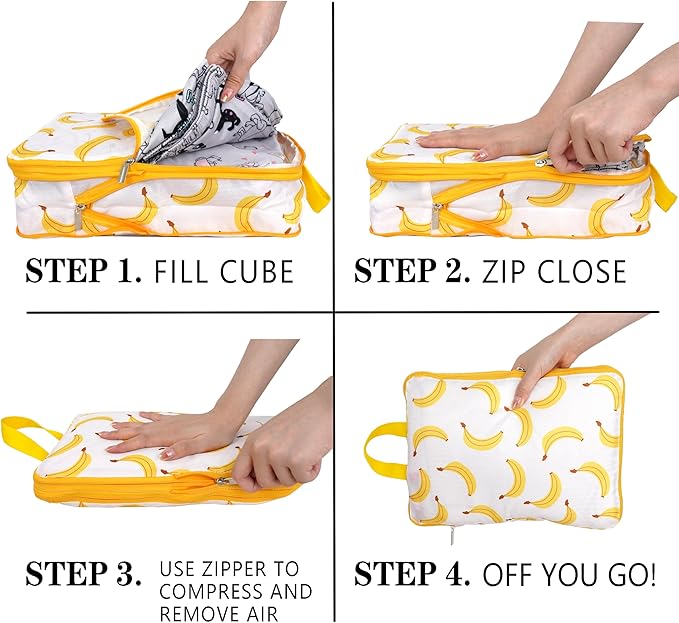 Compression Packing Cubes for Suitcases, 6 Set Cute Fruit Luggage Organizer, Lightweight Waterproof Expandable/Compression Bags Smell Proof Travel Packing Cubes for Suitcases