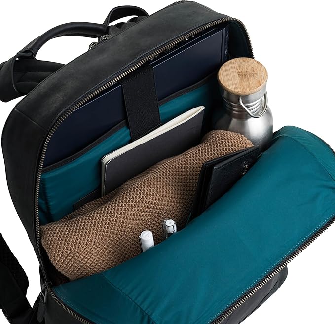 VELEZ Black Leather Backpack for Men & Women - Large Capacity Laptop Travel Backpack with 17" Sleeve - Vintage Travel Bag with Adjustable Straps, Multiple Pockets & Trolley Sleeve