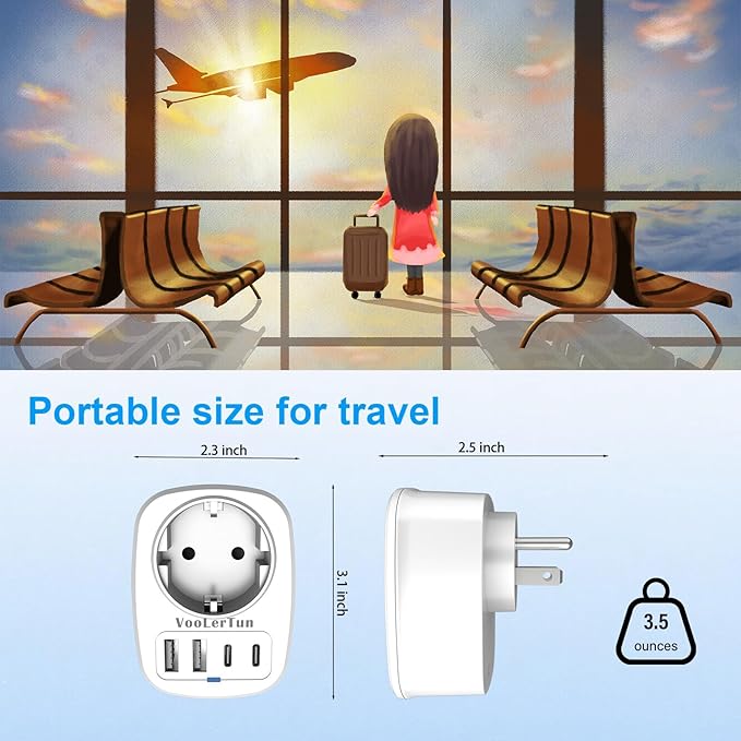 EU to US Plug Adapter 2 Packs, European Type C/E/F to US Travel Plug Adapter with 1 Europe AC Outlets, 4 USB Charger Ports (2 USB C), for Most of Europe Germany France Spain