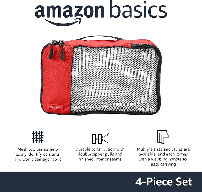 Amazon Essentials 4-Piece Packing Cubes Travel Accessories Set, Luggage Organizer with Double Zipper, Mesh Top, 100% Polyester, Small, Red (Previously Amazon Basics)