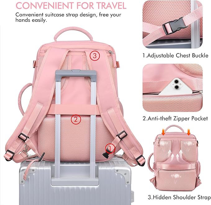 Beraliy Travel Backpack for Women, Airline Approved Bag, Carry On Waterproof Hiking Backpack, 16 inch Laptop Backpack, Overnight Bag, Pink