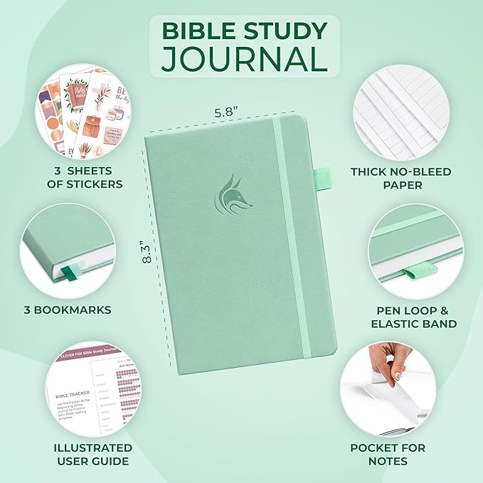 Clever Fox Bible Study Journal – Church Notes Notebook – Note Taking & Journaling Kit – Faith Based Religious Gifts & Accessories (Mint Cream)