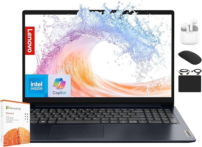 Lenovo IdeaPad Laptop for Business Student 2025, 15.6" Display, 8GB RAM + 884GB Storage (256GB SSD +128GB eMMC +500GB Ext), Dual Intel Core Processor, WiFi 6, HubxcelAccessory, Office 365 1 Yr, Win 11