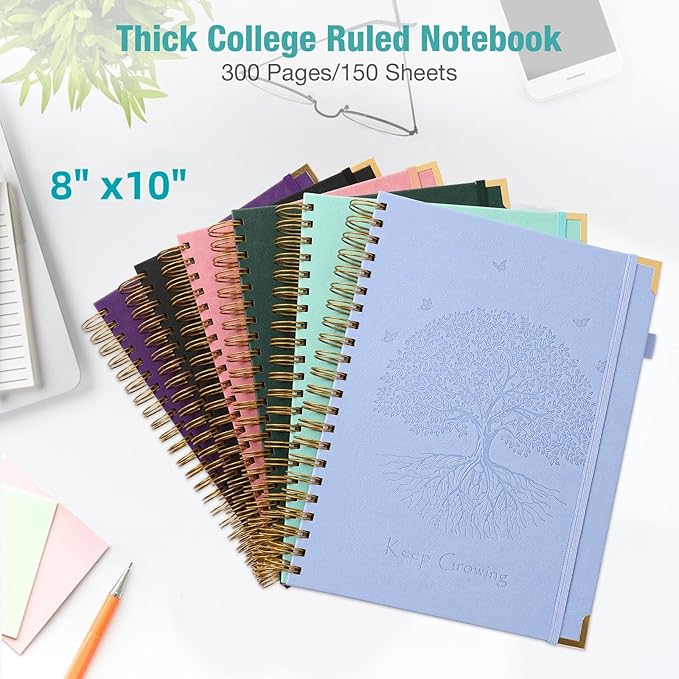 Spiral Notebook, College Ruled Notebook, 8" x 10", 300 Pages Leather Journals for Writing, B5 Hardcover Journaling Notebooks for Work School, 24pcs Tabs, Large Embossed Journal for Women Men, Blue