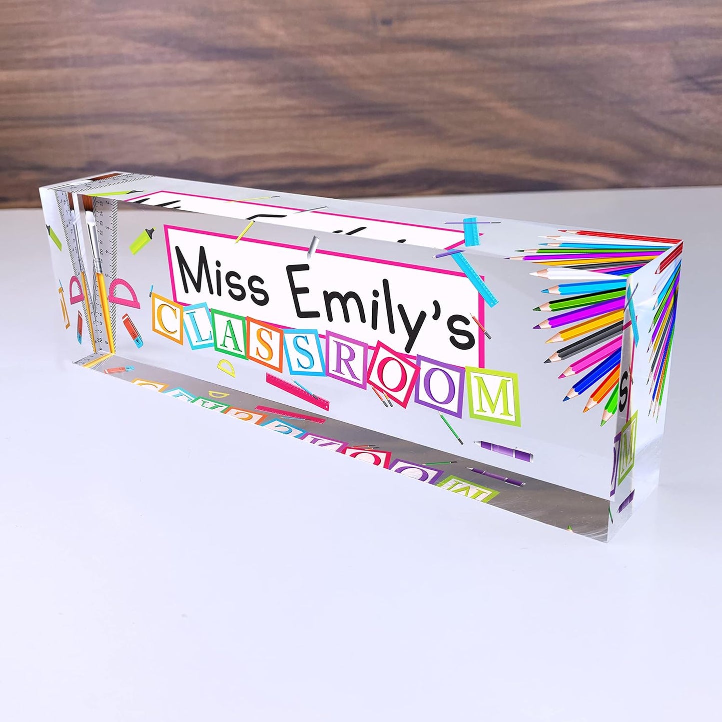 Artblox Acrylic Name Plate, 8'' x 2.5'', Personalized Teacher Desk Sign, Modern Signage