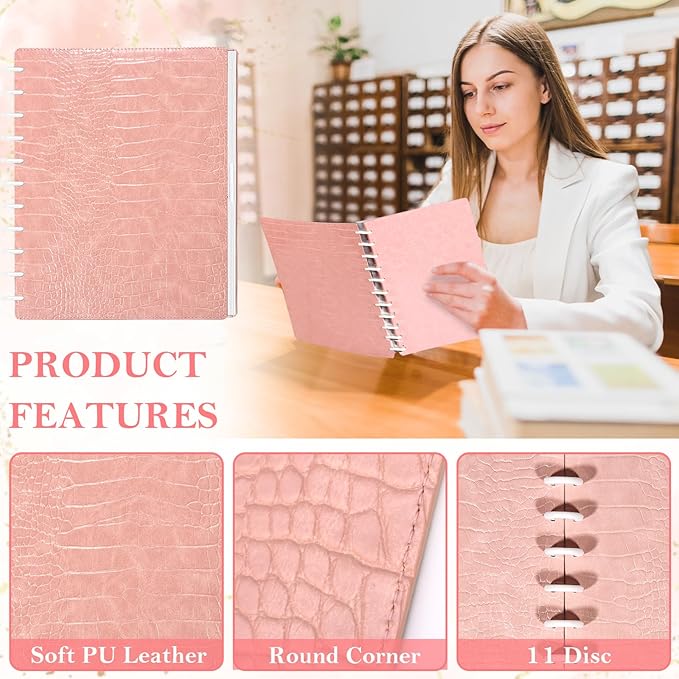 Pu Leather 8.5x11 In Discbound Notebook Cover And Disc Set Discbound Planner Cover With 11 Pcs Expansion Discs Letter Size Disc Bound Notebook Accessories For Office(Pink;No Inner Paper)