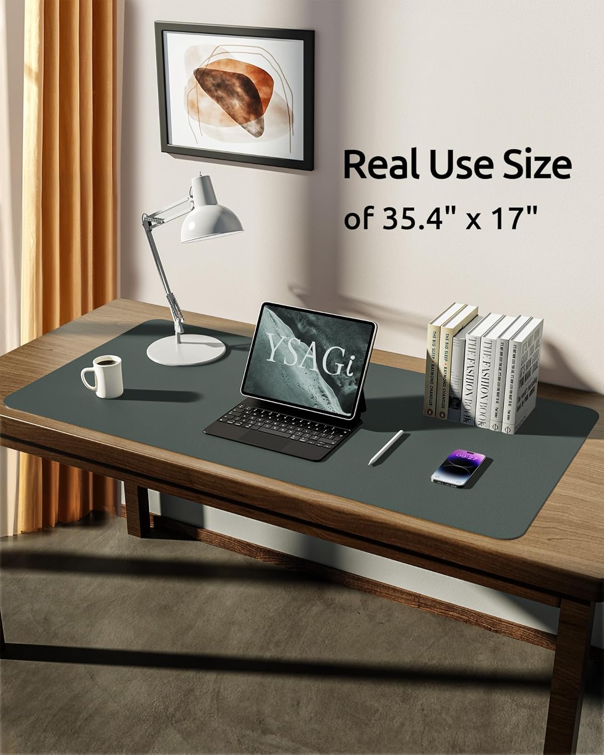 YSAGi Leather Desk Protector, Office Mat, Large Mouse Mat, Non-Slip PU Leather Blotter, Laptop Desk Pad, Waterproof Writing Pad for Office and Home (Dark Green, 35.4" x 17")