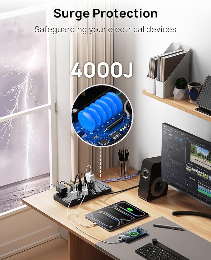 TROND Surge Protector Power Strip 360° Rotating Flat Plug, 24 AC Outlets, 4000 Joules, 10ft Heavy Duty Extension Cord 1875W, ETL Listed, Ideal for Gaming Office Home Dorm Room Essentials Black