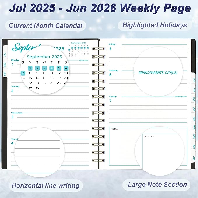 Daily Planner 2025-2026, 6.1" x 8.3", Jul.2025-Jun.2026, 2025 Planner Weekly and Monthly, Calendar 2025 with Tabs & Pocket, 100GSM Thick Paper, Black