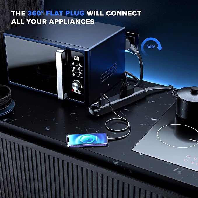 Extension Cord with USB Ports 6FT, 360° Rotating Flat Plug Extension Cord, 3-Outlet with USB Ports (2 Ports), 3 Prong Extension Cord, Grounded Extension Cord (Black) UL Certified