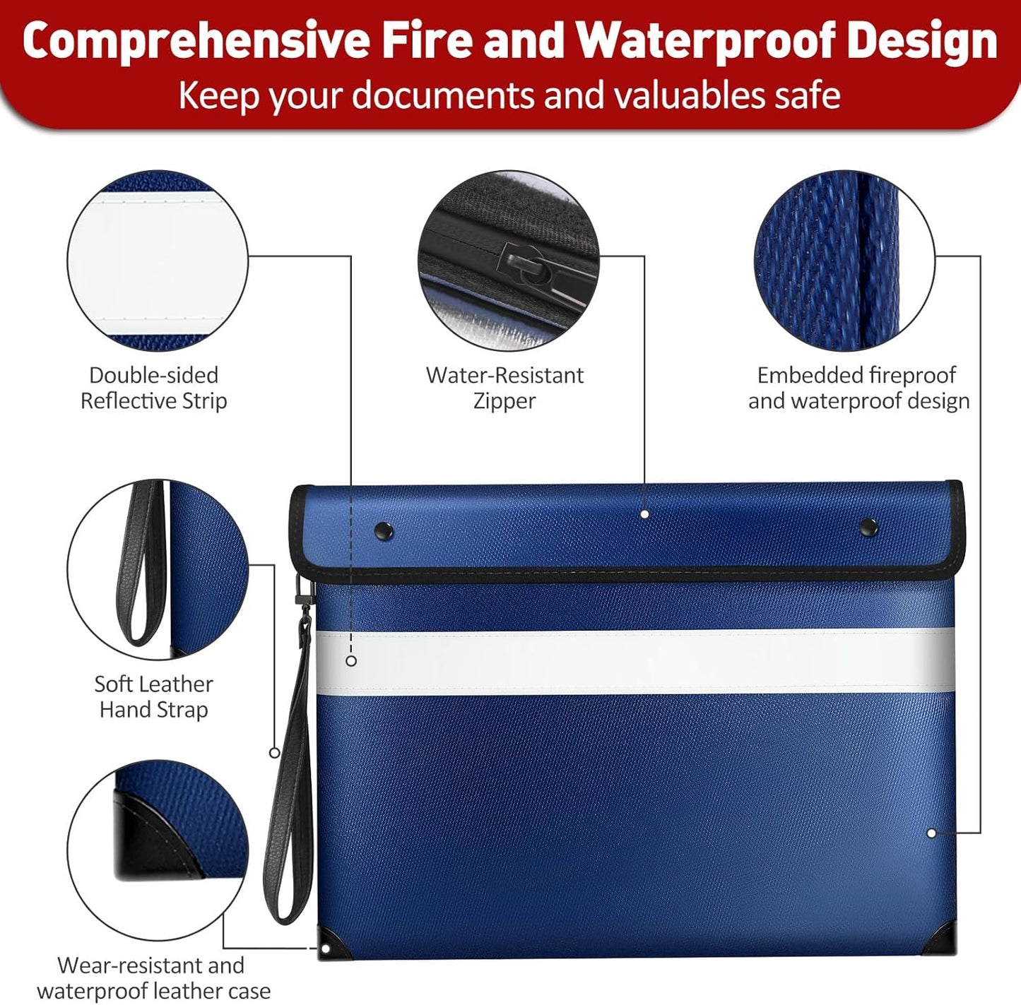 Vailoin Fire Proof Bag with Water Resistant Zipper（13.9"x10.6"）,6200°F Heat Insulated Fireproof Money Pouch with Hand Strap,Fireproof Water Proof Envelopes for Crucial Documents，Contracts (Blue)