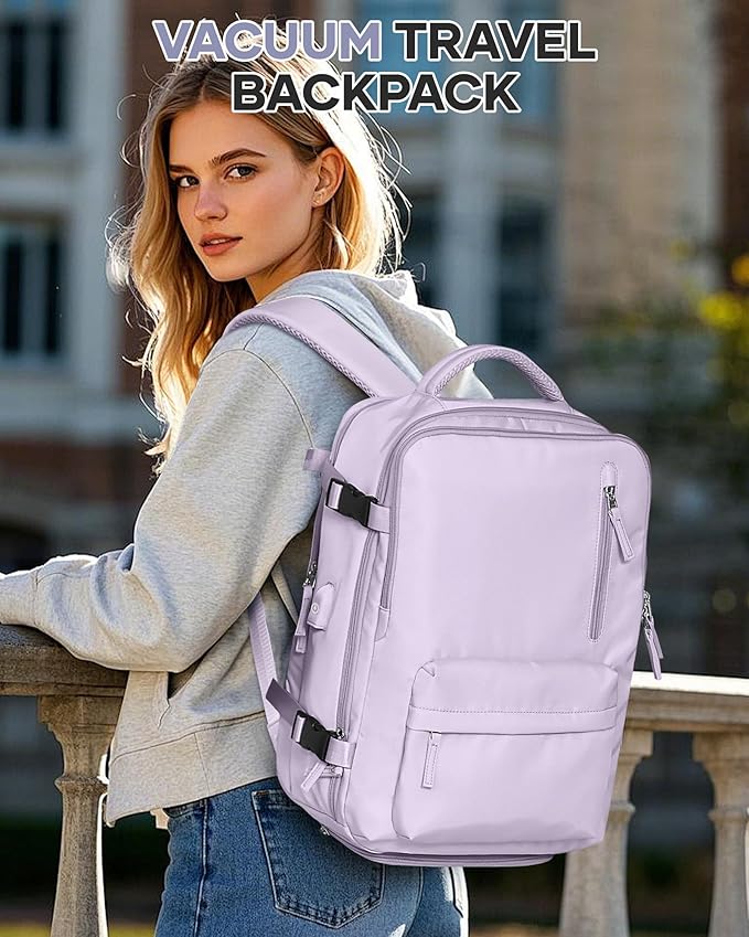 Vacuum Travel Backpack with Pump for Women, Personal Item Carry on Backpacks Flight Approved 18x14x8 inches for Men,Laptop Waterproof Work Compression bags Casual Daypack. (Purple)