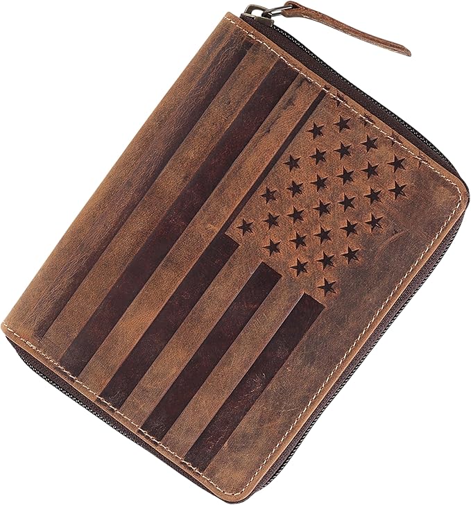 Passport Wallet - Travel Document Holder w/RFID Blocking – Full Grain Leather – Bifold compact zip around Wallet with Credit Card Slots for Women and Men, brown flag, 500-32