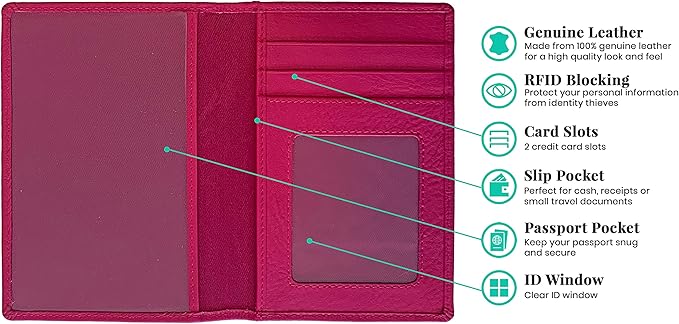 Personalized Monogrammed Bright Pink Leather RFID Passport Wallet and 2 Luggage Tags