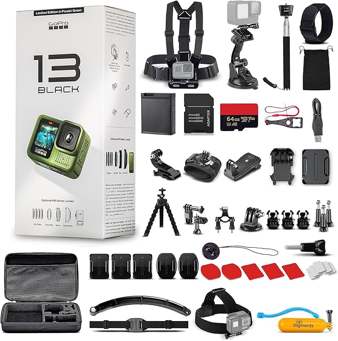 GoPro HERO13 (Hero 13) in Forest Green - Waterproof Action Camera with 5.3K HDR Video, 27MP Photos, 1/1.9" Image Sensor, Live Streaming, Webcam + 64GB Card & 50 Piece Accessory Kit - Bundle