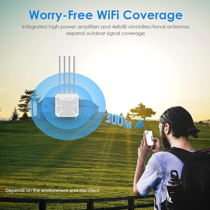 WAVLINK AX1800 Outdoor WiFi 6 Extender Long Range, IP67 WiFi 6 Outdoor Access Point, Active PoE, 4x8dBi Antennas,Work with Starlink/Cameras/Router, Up to 128 Devices for Farm,Yard,RV,Campsite,Park