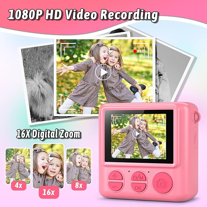 Kids Camera Instant Print, Christmas Birthday Gifts for Girls Boys Age 3-12，HD Selfie Kids Digital Camera, Portable Travel Toy for 3 4 5 6 7 8 9 10 Year Old Girls (Pink)