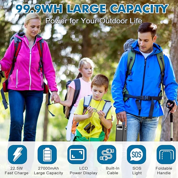 Portable Power Station, 27,000mAh Outdoor Generator with Built in Cable, Portable Power Bank Backup Battery for Phone Charge, Travel, Home use, Camping, RV Trip