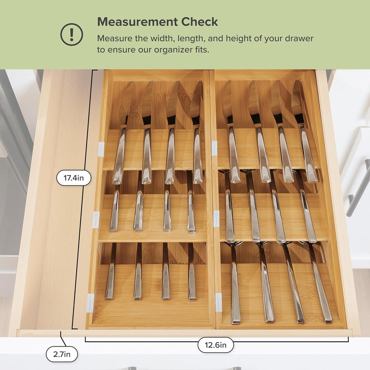 Premium Cutlery, Flatware, and Silverware Drawer Organizer – Slanted 3-Compartment Design with Labeled Slots, Non-Slip Feet, 100% Sustainable Bamboo, 2 Pack