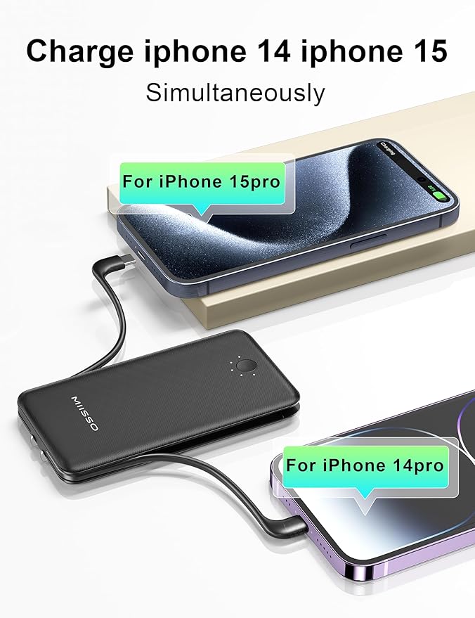 miisso Ultra Slim 10000mAh Power Bank Built-in Cables and Foldable AC Wall Plug, Pocket Size USB C Portable Charger, External Battery Pack Compatible with iPhone Samsung, 2 Pack Black & White