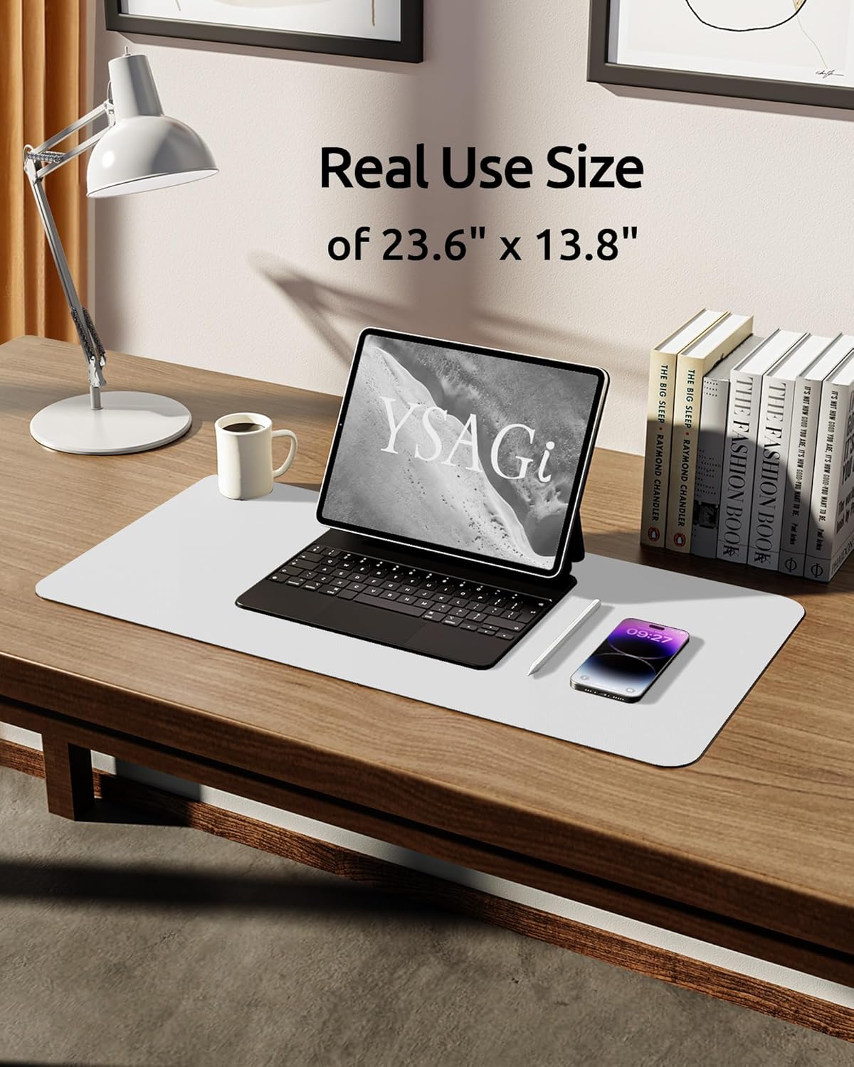 YSAGi Leather Desk Protector, Office Mat, Large Mouse Mat, Non-Slip PU Leather Blotter, Laptop Desk, Waterproof Writing Pad for Office and Home (White, 23.6" x 13.8")