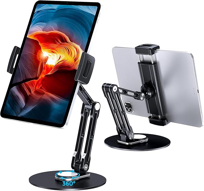 Tablet Stand Holder for iPad, Adjustable with 360 Rotating Base for Desk, Aluminum Swivel Tablet Stand Compatible with iPad Air, Mini, 10.2,9.7, Pro 11/13 and More, Black