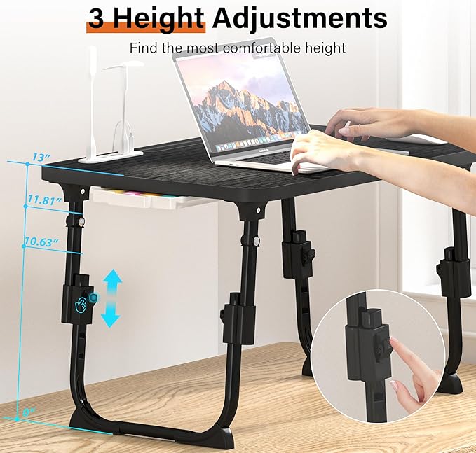 Laptop Desk for Bed Height Adjustable, Lap Bed Table with USB/Storage Drawer/Cup Holder/Tablet Stand/Book Shelf, Foldable Breakfast Tray Portable for Reading Writing, Sofa & Floor, Black