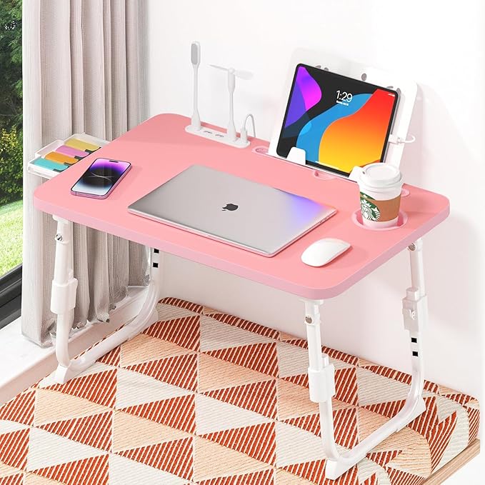 Bed Desk Height Adjustable, Bed Laptop Table with USB/Storage Drawer/Cup Holder/Tablet Stand/Book Shelf, Foldable Breakfast Tray Portable for Reading Writing, Bed, Sofa & Floor, Wood, Pink