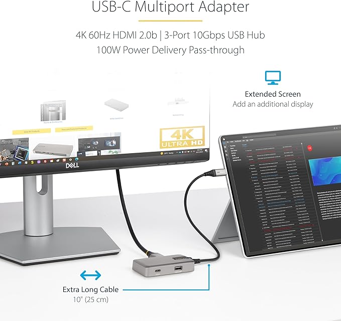 StarTech.com 4-in-1 USB C Hub with Extra Long Cable, 4K 60Hz HDMI, Alt-Mode, 100W Power Delivery, 10Gbps Fast Speed Type C Expansion Hub, Portable Mini Docking Station for MacBook - TAA