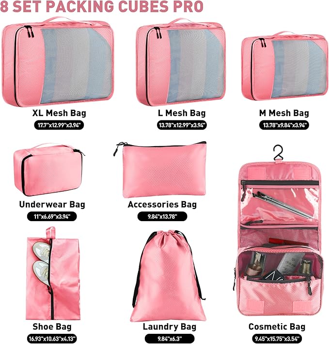 8-Piece Packing Cubes for Travel, Mesh Luggage Organizers with Shoe Bag, Toiletry Bag, Laundry Pouches, 4 Sizes (XL/L/M/S) for Suitcase Organization, Men Women Kids, Pink