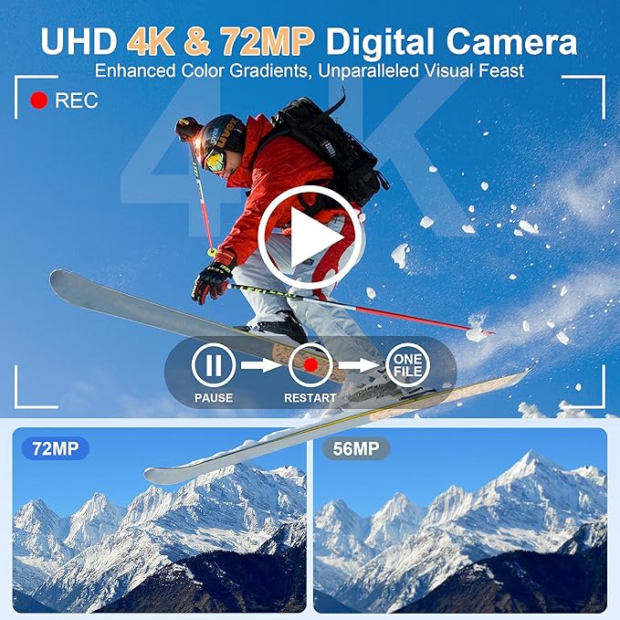4K Digital Cameras for Photography, 12X Optical Zoom 72MP Vlogging Camera for YouTube with 270°Flip Screen, Autofocus & Anti-Shake Cameras, Wi-Fi & App-Controlled 4K Camera, 2 Batteries, 32GB SD Card
