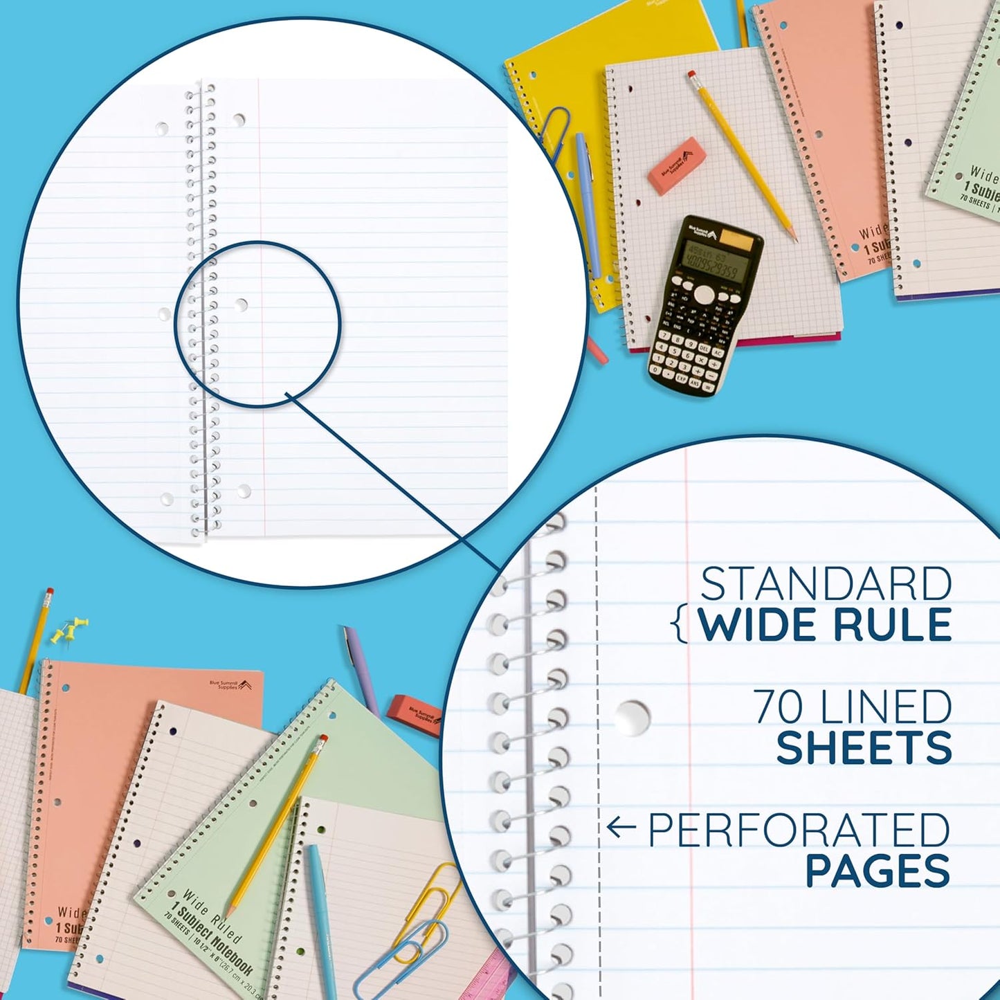 Blue Summit Pastel School Notebooks, 1 Subject Notebooks for School Wide Ruled, 6 Pack