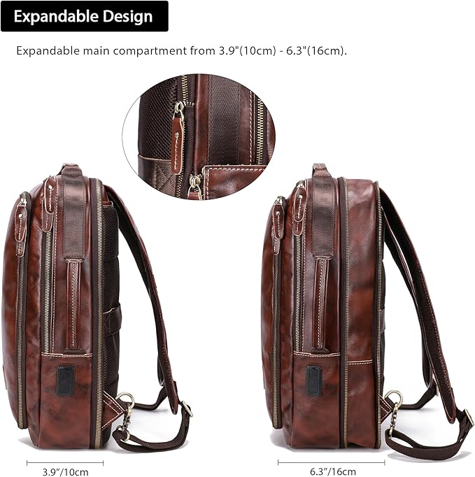 LANNSYNE Vegetable Tanned Leather Backpack for men, Expandable Leather Backpack Fits 15.6 Laptop, Tote Shoulder Travel Bag Rucksack