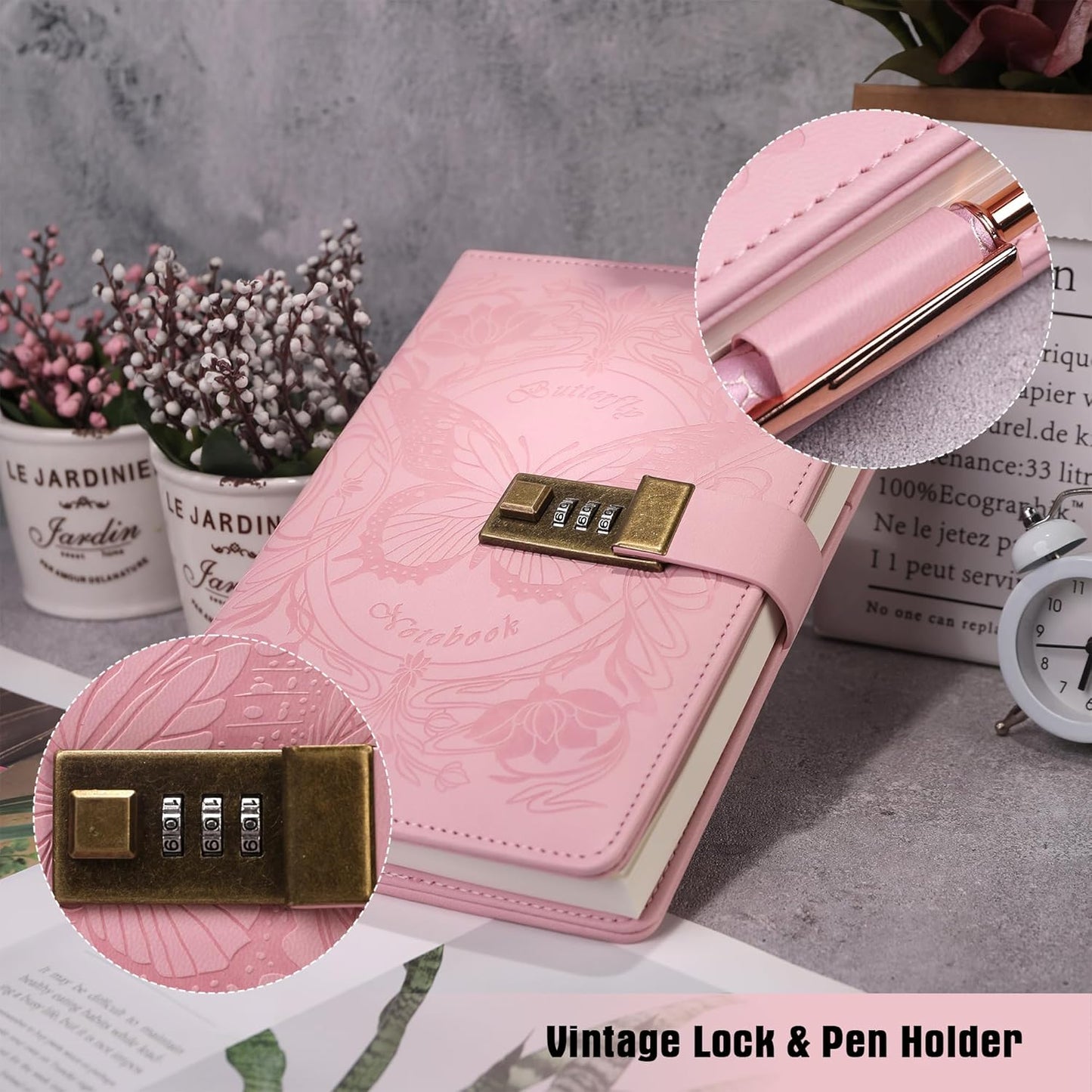 TIEFOSSI Diary with Lock for Women Girls, Lined Locked Journal, Butterfly Journal Notebook with Pen and Bookmark, A5 Refillable Locking Journals for Writing, 224 Numbered Pages