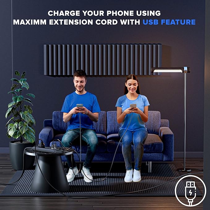 360° Rotating Flat Plug Extension Cord with USB Ports and a Removable Hook Black Extension Cord 6 ft (16 Gauge) UL Certified