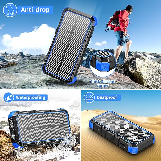Solar Charger Power Bank 49800mAh Wireless Charger QC 3.0 Fast Charging Power Bank 8 Outputs 4 Inputs Solar Portable Charger Compatible with All Mobile Devices,SOS/Strobe/Strong Flashlights (Blue)