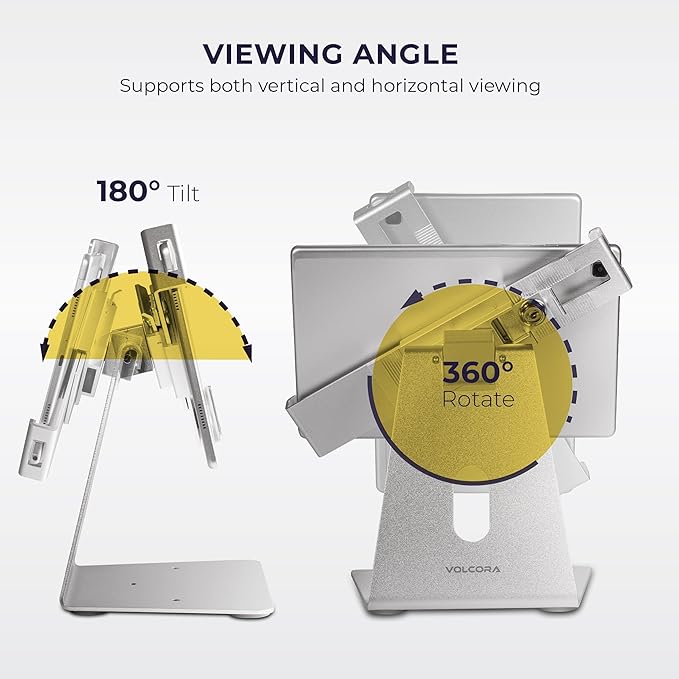 Volcora Anti-Theft Tablet Stand iPad Security Holder with Lock, Silver 10-13 Inch Kiosk Stand Mount, Swivel, Adjustable, for iPad Pro, Air, POS Register, Retail Business, Checkout, Cashier