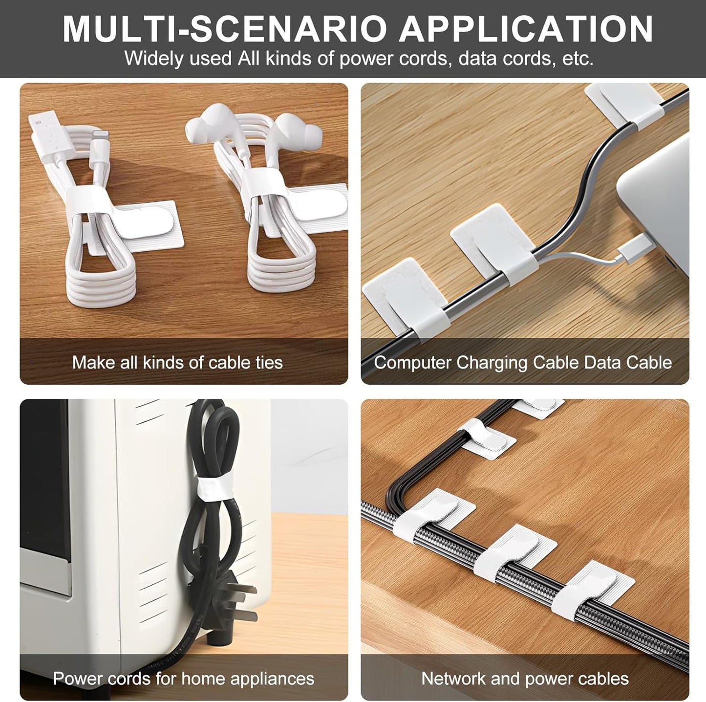 50-Pack Reusable Self-Adhesive Cable Ties Cable Management Adjustable Hook & Loop Straps for Organizing Data Cables, Wires, Headphones Under-Table Cord Management for Home, Office