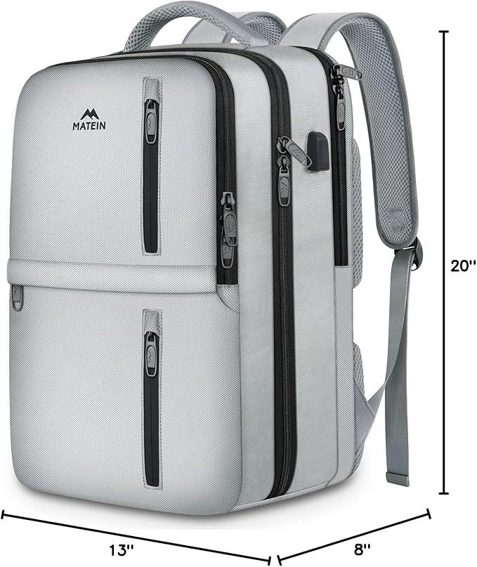 MATEIN Travel Backpack for Women & Men, Airline Approved Carry on Backpack for Airplanes with Shoe Compartment, Large Personal Item Travel Bag fits 17" Laptop, Water Resistant Weekender Daypack, Gray